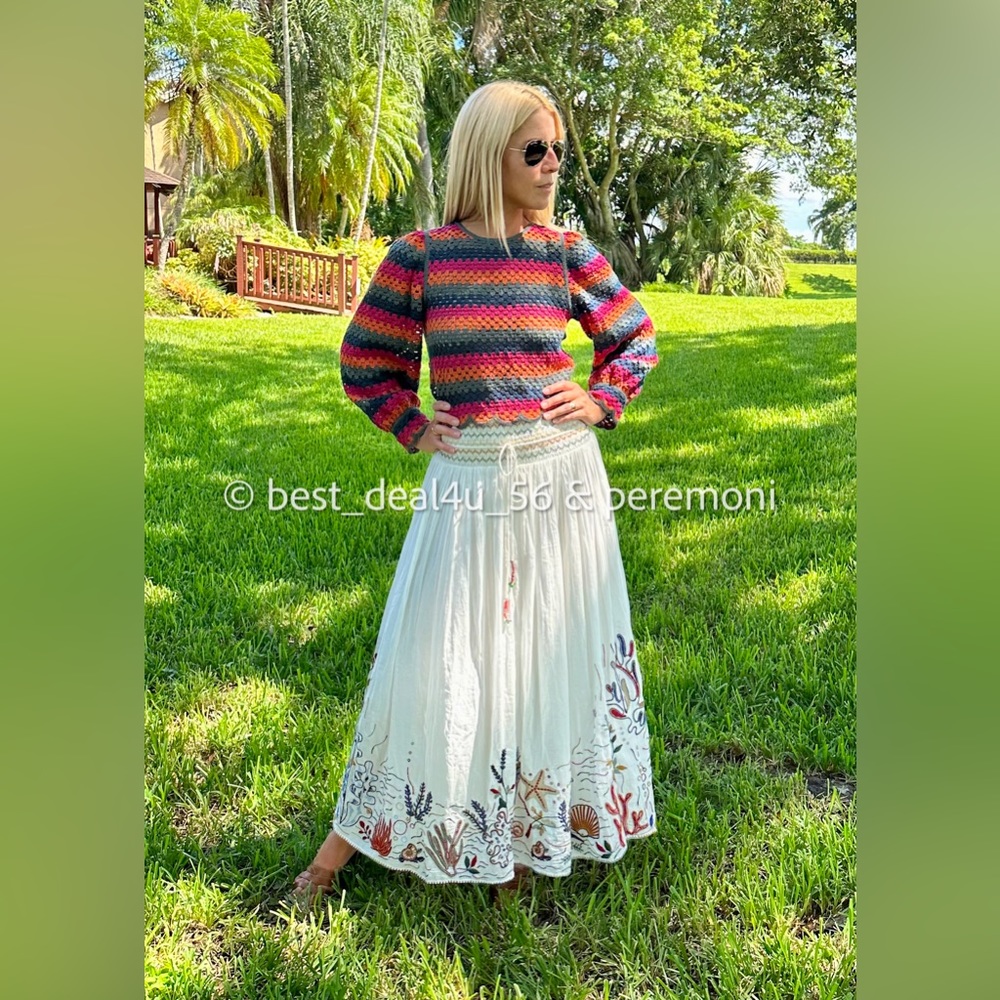 NWT_ZARA SMOCKED SEA MOTIF EMBROIDERED LONG SKIRT  ( XS, S)